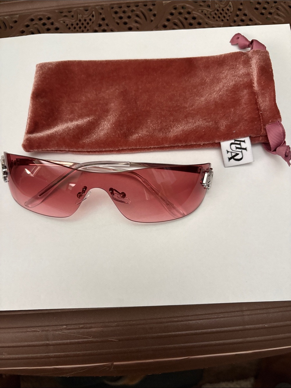 HUDA BEAUTY Pink Rimless Shield Sunglasses with Velvet Pouch